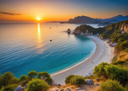 Stunning vista of Cape Praso in Samos island with blue Aegean Sea and white sandy beach at sunset
