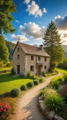 Obraz premium serene countryside landscape featuring a rustic stone house with a garden and trees