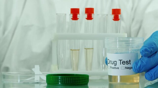 Laboratory scientist performing drug test analysis using urine sample in medical facility clinic professional researcher wearing protective equipment checks biological specimen with diagnostic test