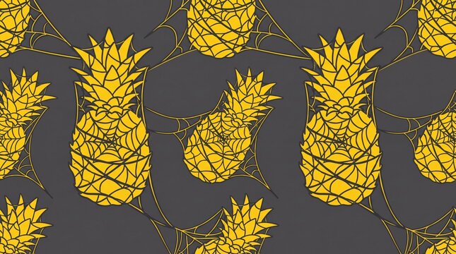 Spooky Tropical Halloween Pineapple Spider Web Seamless Pattern Background