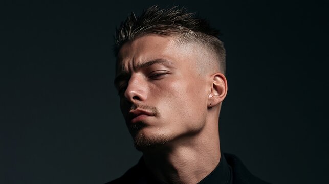 Young man with undercut haircut gazes downward against a dark backdrop, representing modern masculinity and stylish portraiture