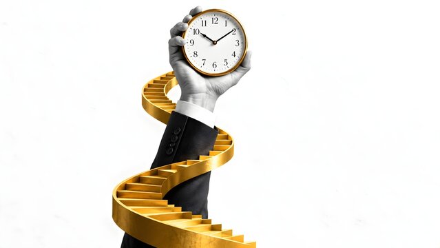 Conceptual business image showing a suited arm holding a clock while ascending a golden spiral staircase towards success and achievement