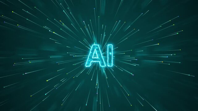 Motion graphic of artificial intelligence concept featuring glowing ai technology text with radiating light streaks, designed for big data and machine learning presentations.