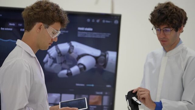 Engineer in goggles writes on a tablet as a colleague with glasses flexes a black robotic glove in front of a slip detection display, while ideas are exchanged, a modern AI business scene