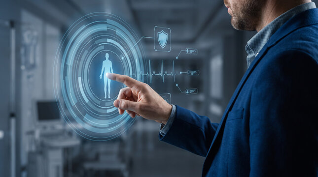 Corporate executive using digital healthcare interface in hospital hallway for medical tech presentation