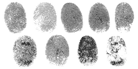 Set of black and white realistic fingerprint textures and human thumbprint identification marks vector illustration. © Design House