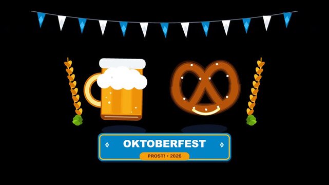 Flat style Oktoberfest promo badge a pretzel, beer mug, Bavarian pennant garland, and sparkling stars against a transparent background