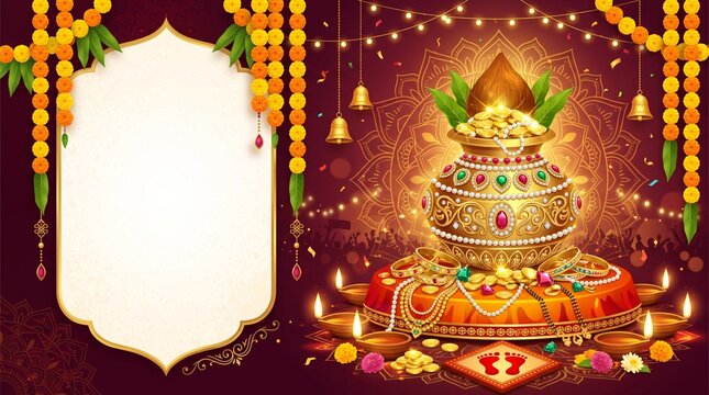 Dhanteras celebration background with golden kalash and frame