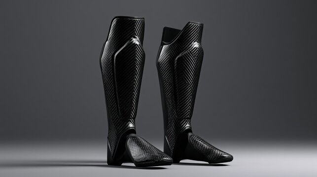 Sleek black shin guards elegantly displayed against a dark gray backdrop, showcasing protective gear and athletic equipment
