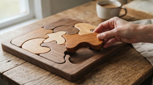 Persons hand placing a wooden puzzle piece into a larger puzzle