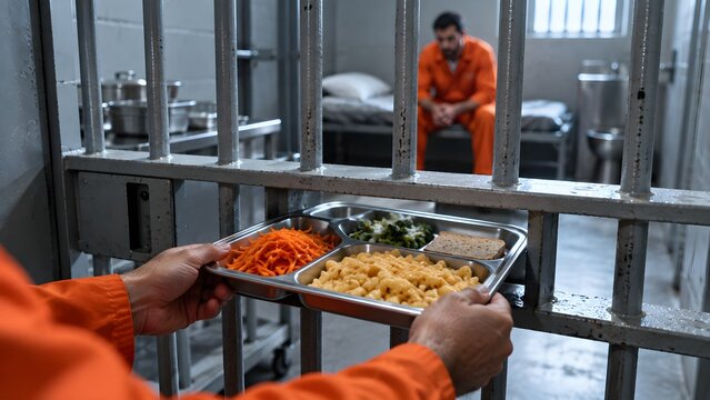 A prisoner in an orange jumpsuit holding a metal tray of food inside a dark correctional facility cell with barred doors