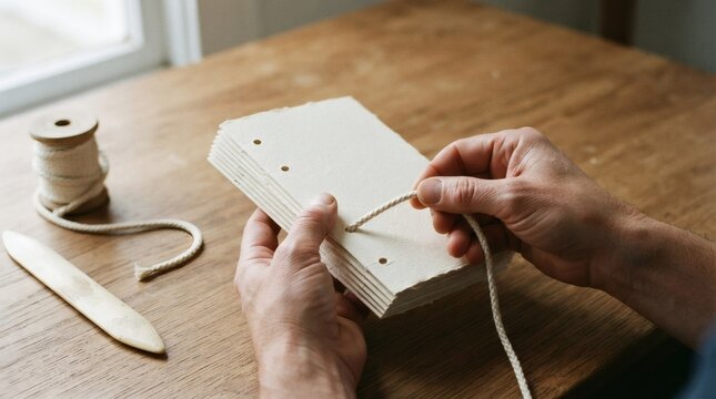 Hands binding a handmade paper book with twine and a bone folder