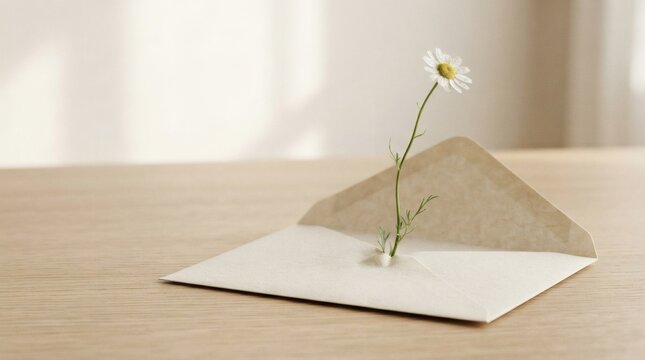 Single daisy flower growing out of an open envelope on a wooden surface