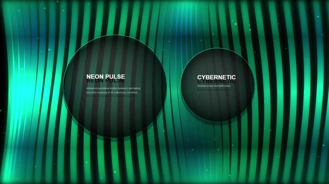 A widescreen motion loop featuring glowing neon pink, emerald, and teal vertical light bars with smooth wave distortion. Floating refractive glassmorphism circles and light particles drift across a pi
