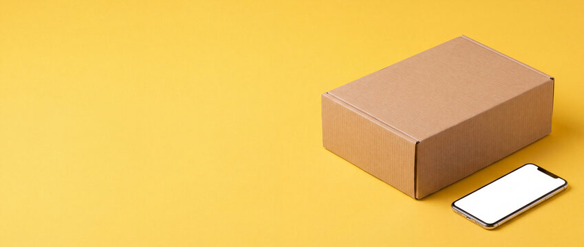 Cardboard box and smartphone with blank white screen on vibrant yellow background for delivery concept