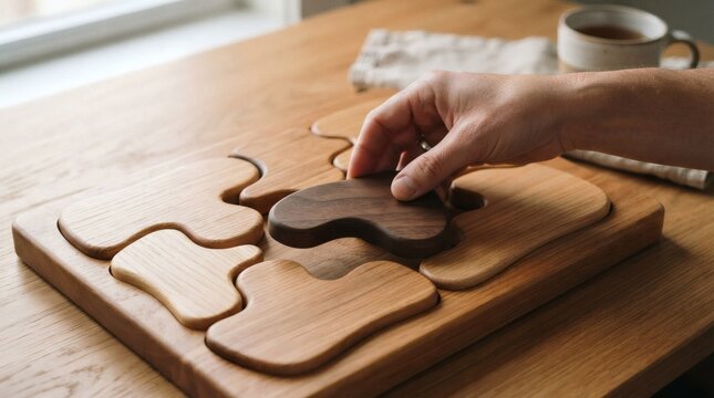 Person assembling a wooden jigsaw puzzle on a table