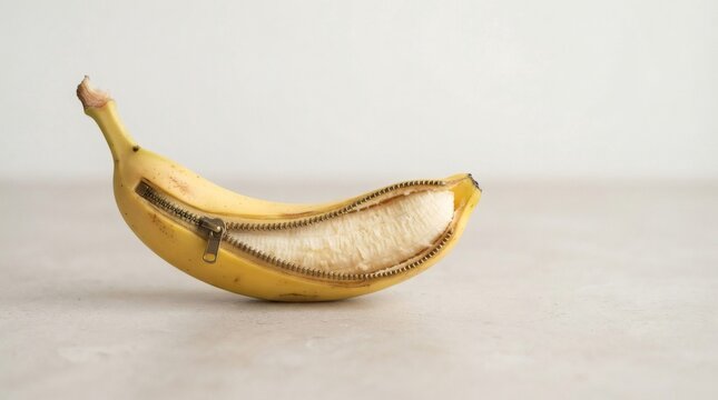 Banana with a zipper revealing its white flesh, on a light-colored surface