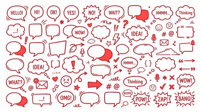 Speech bubble and communication doodle collection featuring dialogue boxes, chat symbols, annotations, comments, comic elements.
