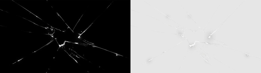 Realistic broken glass crack overlay with jagged hole and sharp fracture lines. Shattered glass texture isolated on black and transparent background © denzelll