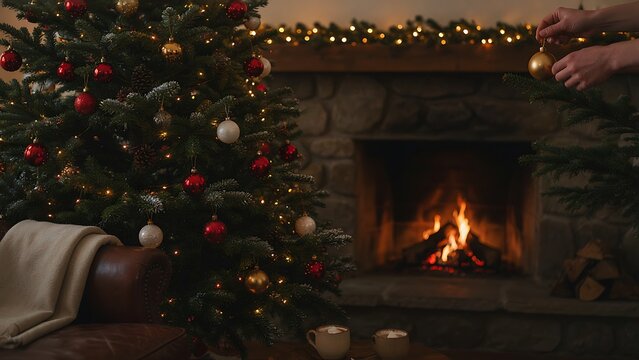 Hands placing a gold bauble on a pine tree branch near a warm stone fireplace during festive holiday preparations, created with generative ai.