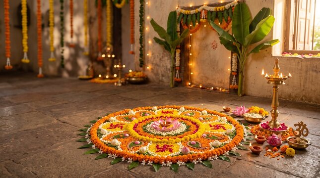 Vibrant flower rangoli with lit diyas for dhanteras festivities