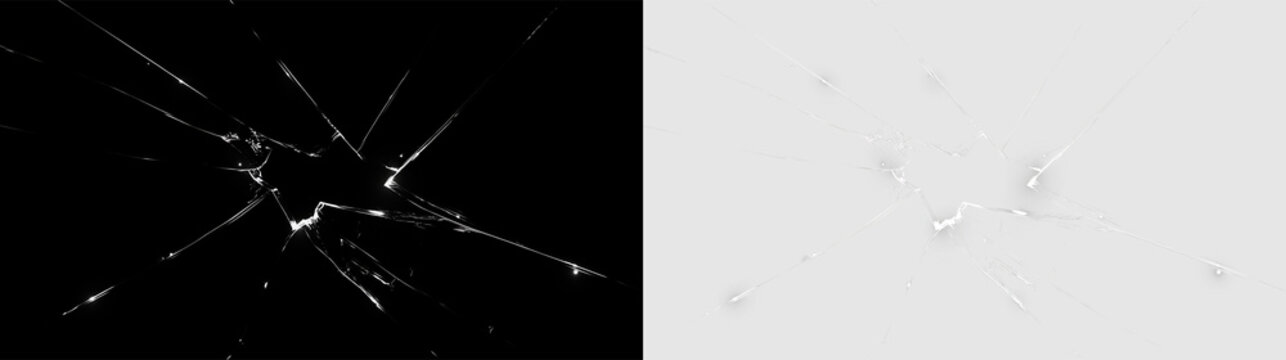 Realistic broken glass crack overlay with jagged hole and sharp fracture lines. Shattered glass texture isolated on black and transparent background