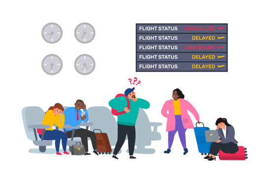 cancelled and delayed flights sad people with baggage in airport vector illustration