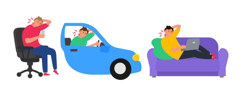 suffering neck pain man with phone laptop car driving uncomfortable posture set vector illustration