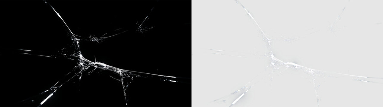 Broken glass cracks texture overlay on transparent background. Realistic shattered glass fracture effect