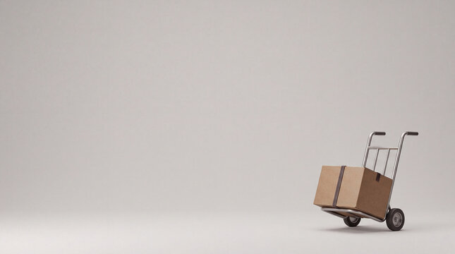 Cardboard delivery box on a hand truck trolley isolated on white background with copy space