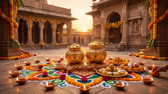 Golden kalash and rangoli for dhanteras celebration in temple