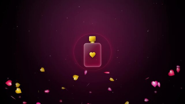 3D render of a perfume bottle icon with a heart symbol and floating heart particles for romantic gift and beauty marketing