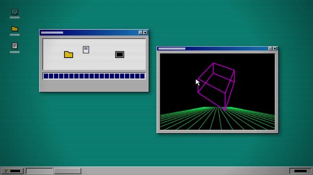 Retro computer desktop interface with vintage operating system windows and 3D wireframe animation