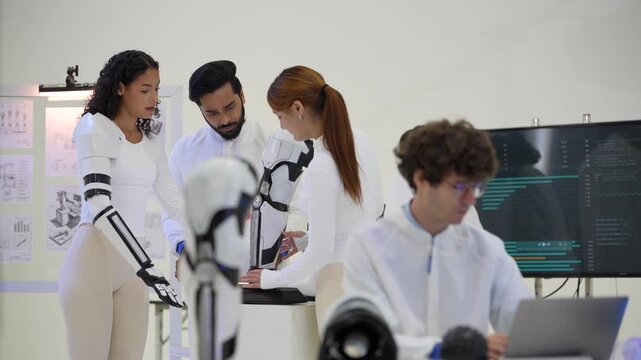 Curly-haired woman wears a long robotic arm exoskeleton while a bearded engineer adjusts it and a colleague checks his phone at the desk, during a practical trial, a physical AI concept