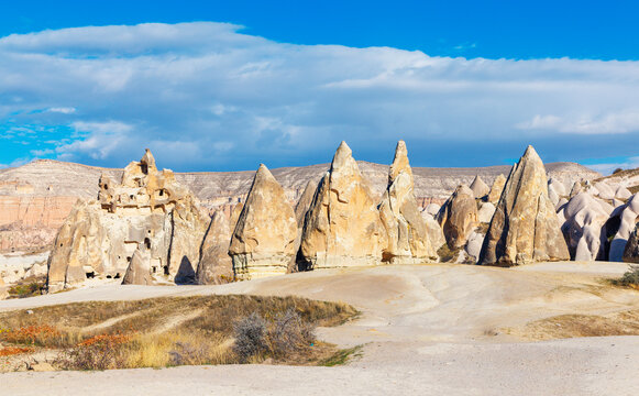 Fairy chimney rock formations in Goreme valley landscape Cappadocia Turkey