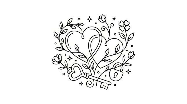 Elegant Heart Lock and Key Line Art with Floral Embellishments - Symbol of Love, Romance, and Secrets