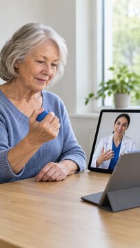 Senior woman consulting doctor through video call on tablet at home, touching chest while physician appears on screen beside bright window and indoor plant in domestic setting