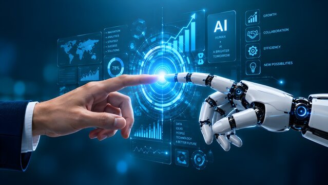 Human finger and robotic hand touching a futuristic virtual interface with artificial intelligence, data analytics, and global technology graphs