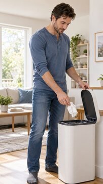 Man placing tissue into a modern waste bin while cleaning a bright home interior, casual clothing, houseplants, window and furnishings visible in residential room
