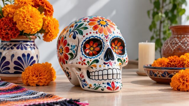 Colorfully painted Day of the Dead skull surrounded by marigold flowers, candle, pottery, and textile decorations on a wooden table, festive holiday still life