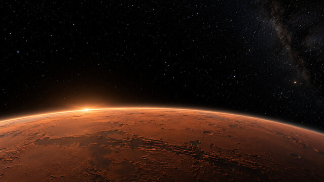 Mars Horizon at Sunrise in Outer Space