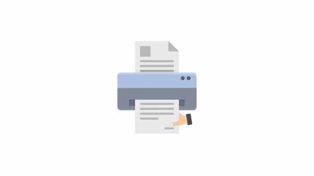 Office printer printing a document with hand taking the paper on white background. Perfect for printing services, paperwork animations, and office tutorials.