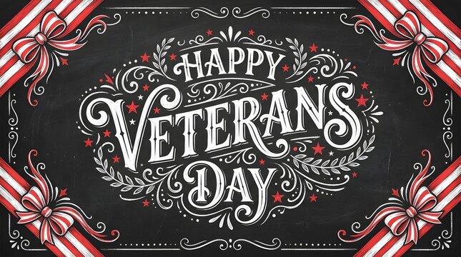Elegant chalk style lettering design for a happy veterens day celebration with decorative vintage frame border