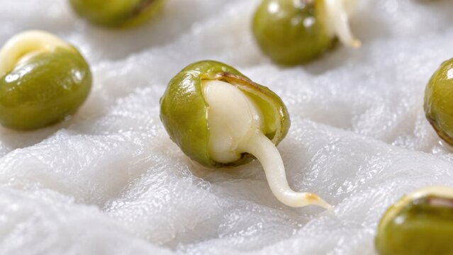 Sprouting mung beans with white roots emerging on damp white cloth, close up view showing green seeds and early germination details in a macro food study