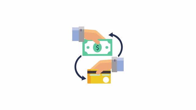 Hands exchanging dollar bill and credit card with drawing circular arrows on white background. Ideal for payment methods, cashless transactions, and money transfer videos.