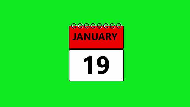 January 19th calendar page isolated on a vibrant green screen background, for easy chroma, key compositing and, editing projects for scheduling