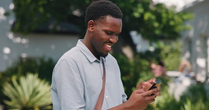 Phone, student or man with surprise at campus for test grade, unexpected news or scholarship update. Mobile, college or black person with shock results, financial aid notification or smile outdoor