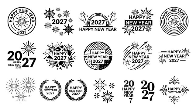 Set of black and white happy new year 2027 labels and badges with fireworks and snowflake designs for holiday greeting cards