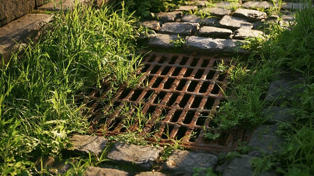Metal drain grate sits nestled within stone path and vibrant green grass, exhibiting natural growth around urban elements