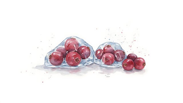 Watercolor painting of vibrant red berries frozen inside clear ice cubes with subtle paint splashes, created with generative ai.